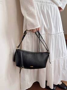 女士时尚复古油蜡皮革法棍单肩包 - 黑色 - 查看 6