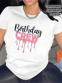 Camiseta de manga corta con estampado para fiesta de cumpleaños de mujer, hecha de tela de poliéster, ligera y cómoda, perfecta para celebraciones de fiestas, uso casual diario, reuniones de cumpleaños, atuendos para el hogar o restaurante. - Blanco - Ver 1