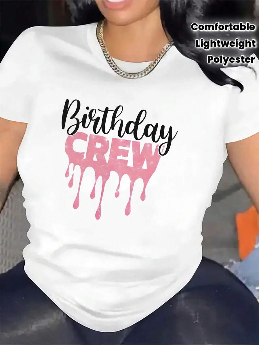 Camiseta de manga corta con estampado para fiesta de cumpleaños de mujer, hecha de tela de poliéster, ligera y cómoda, perfecta para celebraciones de fiestas, uso casual diario, reuniones de cumpleaños, atuendos para el hogar o restaurante. - Blanco - Ver 1