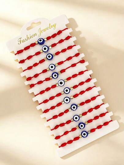 1/2/6/12件套邪眼手链套装，精致百搭的恶魔之眼幸运红绳手链，女士叠戴手链套装，Y2K手链，可调节手链，女士珠宝配饰，友谊手链，女士金色方形隔珠手链，情侣手链，西式手链，西式女士珠宝