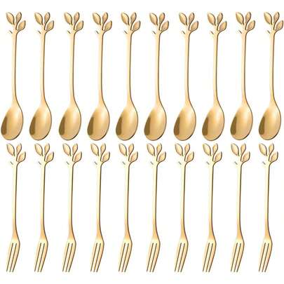 1pc Gold Stainless Steel Mini Spoon And Fork Set, 4.7 Inches - Stainless Steel Material, Leaf-Shaped Handle, Suitable For Coffee, Tea, Appetizers, Tasting, Parties, Cooked Dishes, Etc.