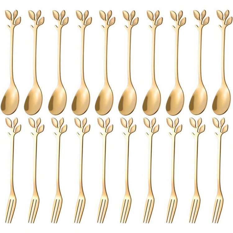 1pc Gold Stainless Steel Mini Spoon And Fork Set, 4.7 Inches - Stainless Steel Material, Leaf-Shaped Handle, Suitable For Coffee, Tea, Appetizers, Tasting, Parties, Cooked Dishes, Etc. - Gold - View 1