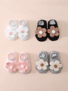 4 Pairs Baby/Toddler Girls' Cute Floral Decorated Socks, Solid Color Non-Slip Bottom Ankle Socks, Versatile For All Seasons - Multicolor - View 5