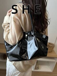 新款多功能小众高端大容量手提包，休闲简约通勤腋下包 - 黑色 - 查看 6