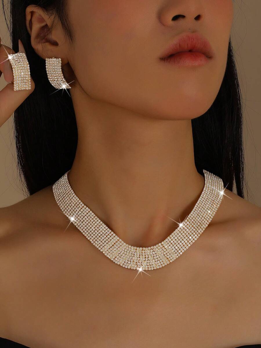 Conjunto de collar y aretes con amplio cuello muy enjoyado, joyería brillante para fiestas, Pascua, Día de la Madre - Dorado - Ver 1