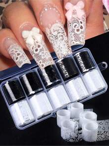 10 Rolls/Box Black & White Lace Nail Art Stickers, Nail Transfer Stickers, DIY Nail Decoration Accessories Nails Nail Supplies - 多色 2 - 查看 2