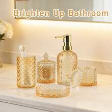 5-Piece Diamond-Cut Glass Bathroom Accessories Set, Rust-Proof Toothbrush Holder & Soap Dispenser, Tumbler & Cotton Jar, Modern Crystal Bathroom Decor - Back To School Gift For Dorm, Housewarming Gift - 金色 - 查看 4