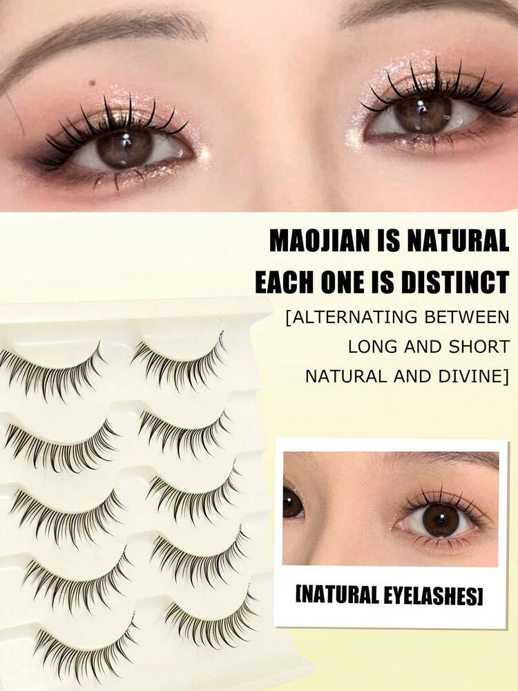 5 Pairs Slouchy Girl Essential Pointed Tail Natural Curly Thick Long Soft Criss-Cross Ultra-Fine Non-Irritating Charming Cartoon-Like Full Strip False Eyelashes, Realistic Daily Wear, Reusable - View 3