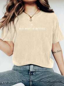 Jesus Shirt His Way Is Better Comfortable Christian Merch Simple Christian Faith Gift Clothing Casual Fall Outfits For Women Travel Short Sleeve Tops - 杏色 - 查看 1