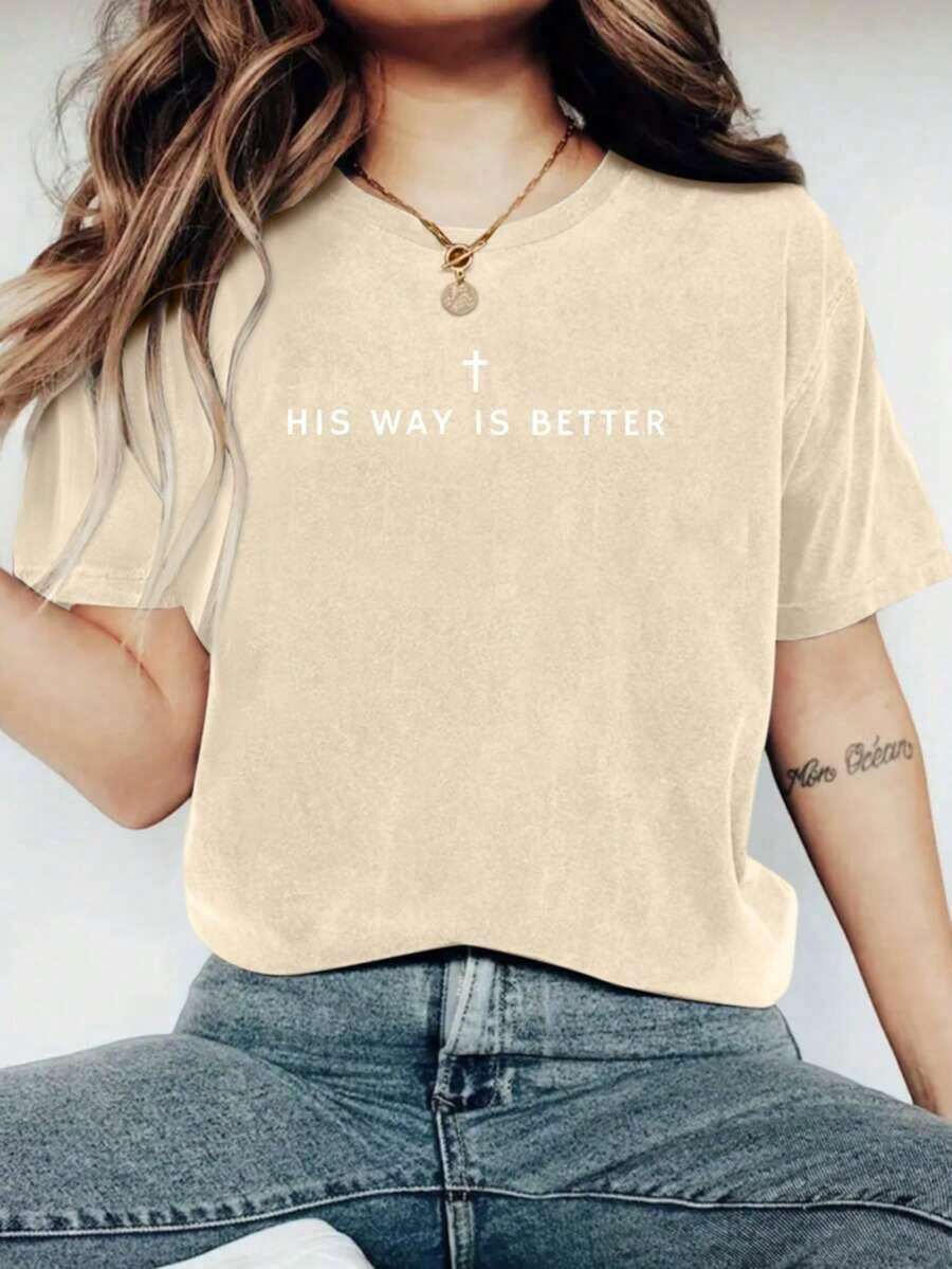 Jesus Shirt His Way Is Better Comfortable Christian Merch Simple Christian Faith Gift Clothing Casual Fall Outfits For Women Travel Short Sleeve Tops - 杏色 - 查看 1