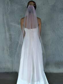 1pc Pink Soft Tulle Beaded Bridal Veil, Suitable For Beach Wedding, Bachelorette Party, Wedding Photography Accessory, Hair Comb Included - Pink - View 8