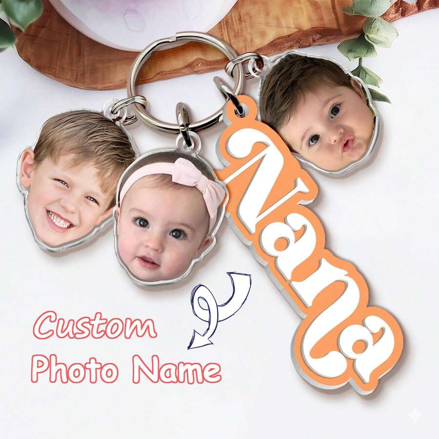 Llavero con colgante de foto personalizado: Regalo conmemorativo personalizado para la abuela, regalo cálido para el Día de la Madre o el cumpleaños de la abuela, joyería con recuerdos familiares apreciados, regalo familiar intergeneracional único adecuado para el bolso o llavero de la abuela - Llavero circular con cabeza grande - Ver 1