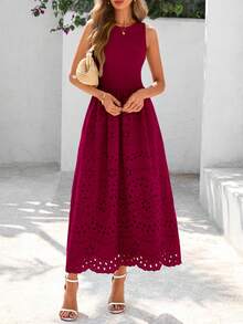 Women Casual Sleeveless Crewneck Lace Eyelet A-Line Flowy Tank Maxi Dress With Pockets Boho Bohemian Summer Spring Holiday Vacation Beach Outfits - 酒紅色 - 查看 6