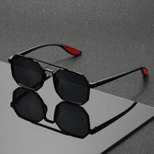 一副男士金色双梁不对称多边形时尚眼镜，金属材质，防晒，轻奢沙滩风时尚眼镜，红黑镜腿，海滩度假风 - 彩色 - 查看 8