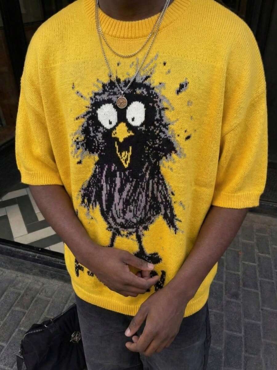Men's Unisex Spring/Summer Fashion Cartoon Bird Minimalist Casual Daily Streetwear Ribbed Crew Neck Short Sleeve Knit Sweater, Yellow - Yellow - View 1