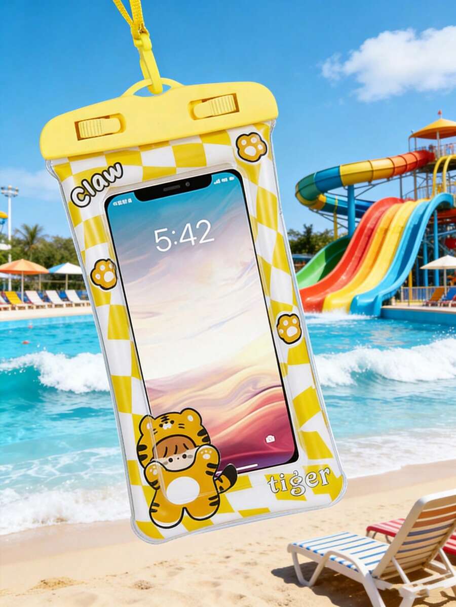 Cartoon Waterproof Phone Pouch, Inflatable PVC Material Phone Bag Suitable For Beach Use, Design For Delivery Riders, With Touch Screen Interface, Applicable For Swimming, Surfing, Rainy Travel, Beach, Cruise, Skiing And Other Water Activities, Can Protect Phones Under 7 Inches - Multicolor - View 1
