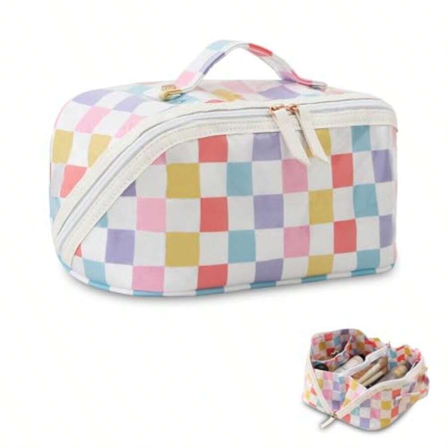DYSHAYEN Bolsa de maquillaje de viaje con compartimentos bolsa de cosméticos con revestimiento transparente para mujer bolsa de aseo plana abierta impermeable Rainbow Gingham - Cuadros de arcoíris - Ver 1
