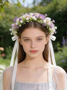 1件自然灵感人造花环，清新雏菊发箍，拍照道具/派对/新娘发饰 - 淡紫色 - 查看 1