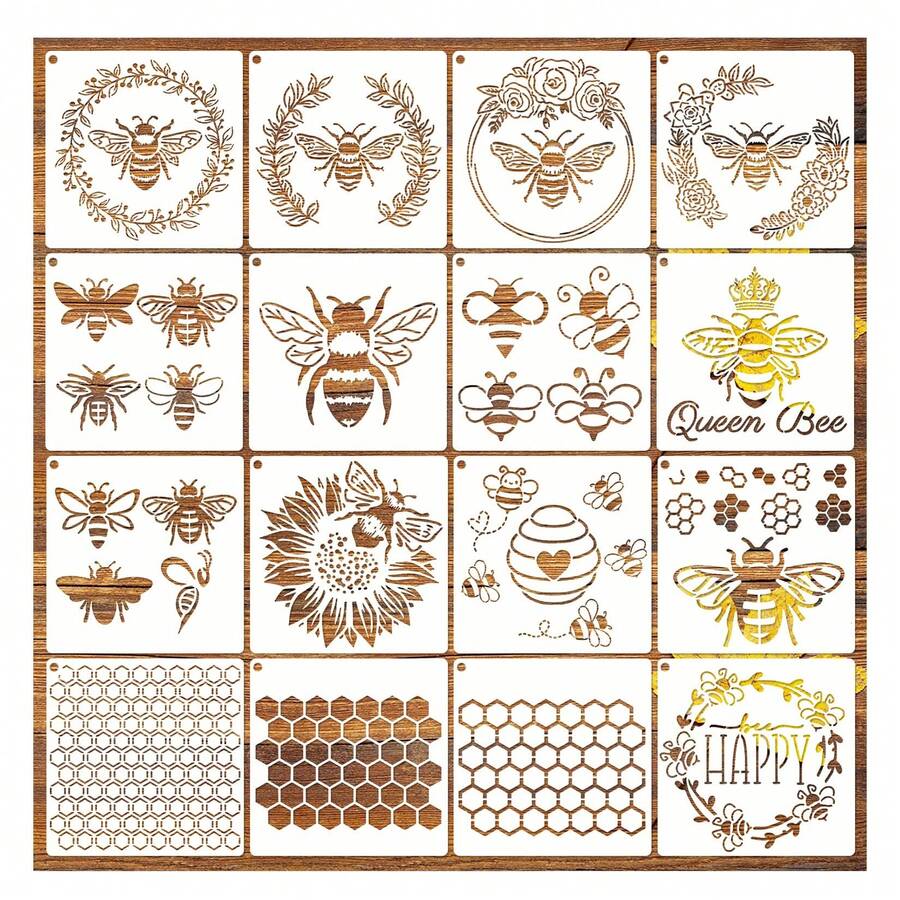 16PCS Bee Honeycomb Stencil – Reusable Bee & Hexagon Templates For Painting, Wood Burning, DIY Crafts, Furniture, Wall & Fabric Decor - 16PCS - View 1