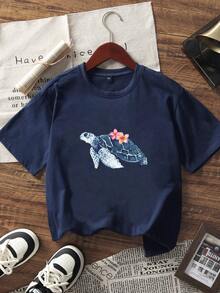 夏季新款极简时尚海龟印花休闲圆领短袖T恤，百搭时尚女式上衣 - 藏青色 - 查看 2