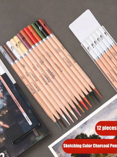 6支/12支/24支彩色炭笔和素描炭笔套装，彩色炭笔素描炭笔，艺术学生彩色铅笔套装，适合学生、艺术家和绘画爱好者