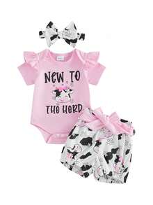 Western Baby Girl Clothes Cowgirl Summer Clothes Letter Boots Cow Print Crew Neck Short Sleeve Romper Shorts And Bow Headband 3 Pcs Set - 粉紅色乳牛 - 查看 1