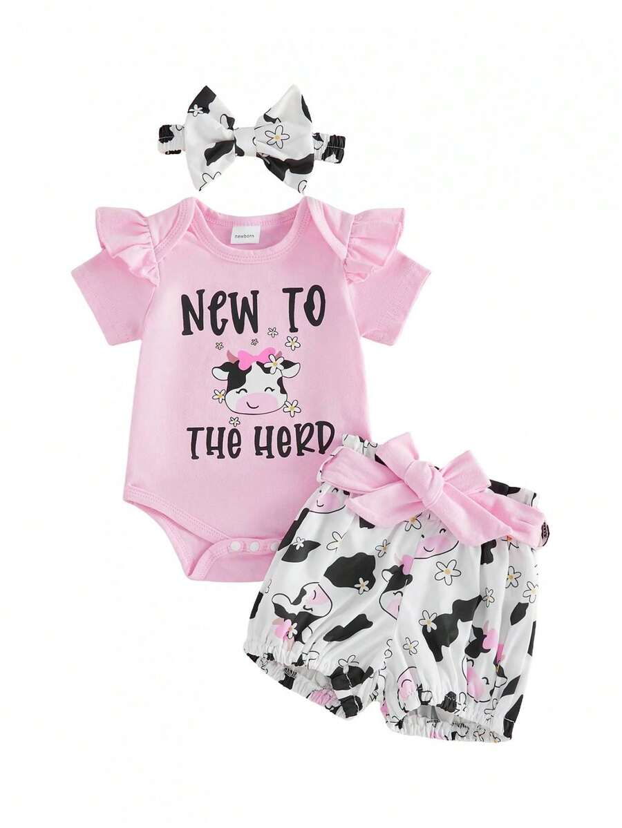 Western Baby Girl Clothes Cowgirl Summer Clothes Letter Boots Cow Print Crew Neck Short Sleeve Romper Shorts And Bow Headband 3 Pcs Set - 粉紅色乳牛 - 查看 1
