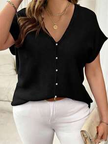 Plus Size Deep V-Neck Knit Top, Semi-Sheer Dropped Shoulder Design, Regular Length, Slightly Stretchy Black Summer - Black - View 4