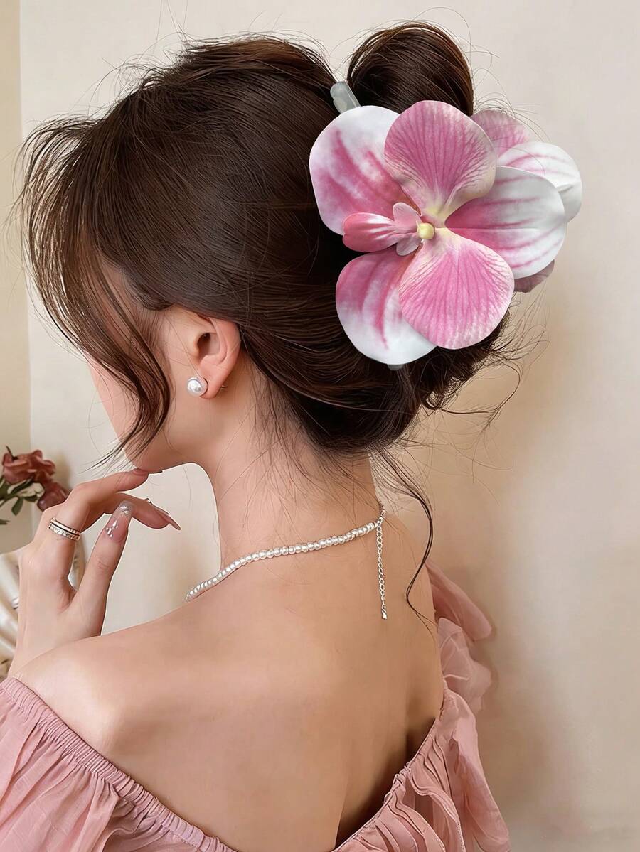 1pc 11cm 3D Lifelike Orchid Hair Claw Clip, Fashionable Hair Accessory For Women, Suitable For Summer, Travel, Beach Vacation Summer Beach Flower Hair Clips - Multicolor - View 1