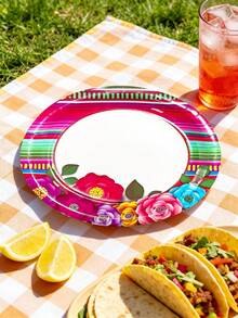10pcs/20pcs/30pcs 10.2 X 11.2 Inch Mexican Holiday Oval Paper Plates Large Mexican Theme Party Decoration Cinco De Mayo Floral Stripe Supplies Day Of The Dead Mexican Paper Cup Taco Tableware Set - Multicolor - View 4