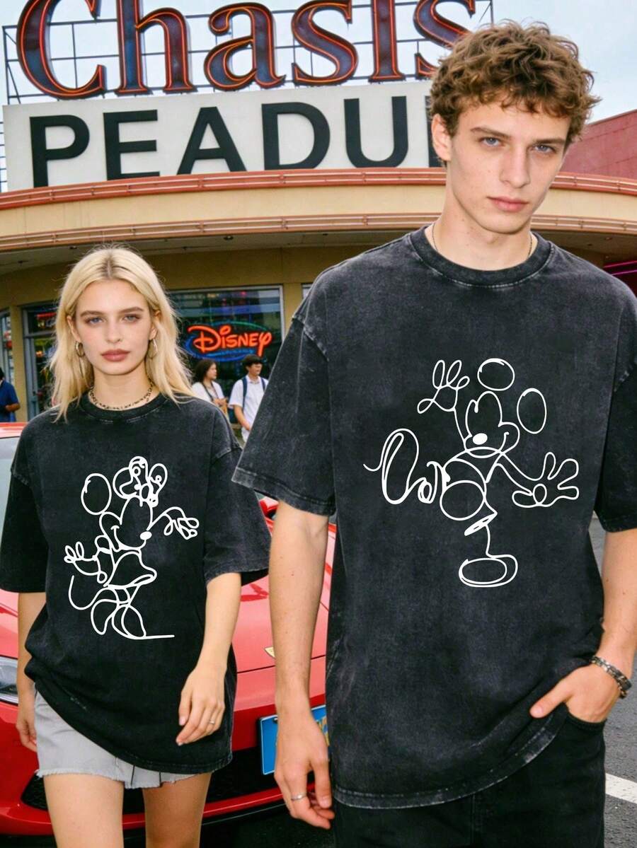 Disney Officially Licensed Graphic T Shirts 100 Percent Cotton  Shirt,  Squad Couple T-Shirt, Unisex, Washed 230g, Retro Vintage, Crew Neck Short Sleeve, Casual Daily Wear - 黑2 - 查看 1