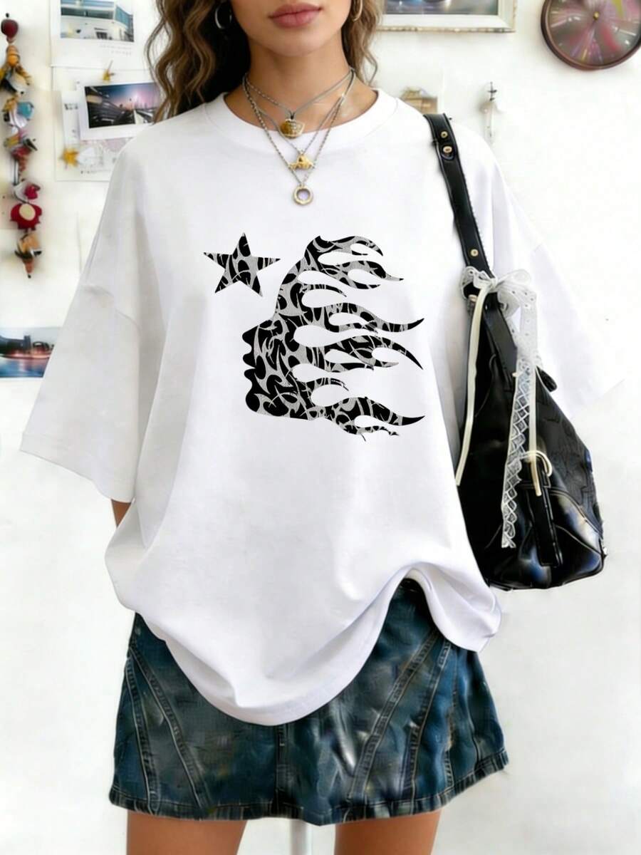 Hellstars Metallic Abstract Logo Y2K Graphic T-Shirt,220g 100% Cotton,Round Neck Short Sleeve,White Streetwear Essential For Summer Going Out,Unisex Style - White - View 1