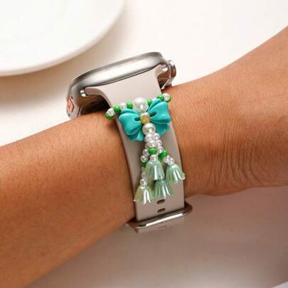 1pc Elastic Pearl Beaded Decoration Ring, Bow Pendant Style, Suitable For Apple Watch Band, Smart Watch Band Decoration (Watch Band Not Included)
