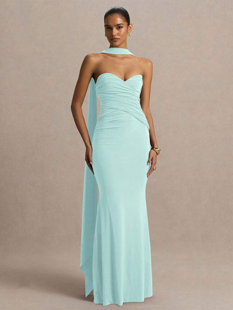 Vestido de cóctel maxi de punto sin tirantes y con diseño de sirena sexy y elegante para mujer, con espalda descubierta, adecuado para fiestas, ocasiones formales, invitadas de boda, damas de honor, vacaciones, citas, graduación en primavera - Celeste - Ver 1