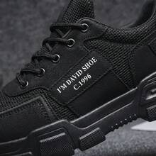 Tenis de hombre de moda casual, zapatos para hombre ligeros y cómodos fabricados en material PU y malla transpirable, tenis para hombre con suela gruesa antideslizante y diseño de cordones, calzado deportivo versátil con amortiguación suave, sneakers resistentes al desgaste de estilo urbano y elegante para caminar con flexibilidad y confort diario. - Negro - Ver 6