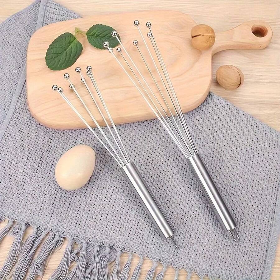 1 pieza Batidora de mano de acero inoxidable de 10 pulgadas/12 pulgadas, batidor de huevos, batidor de crema, herramienta de cocina para hornear - Plateado - Ver 1