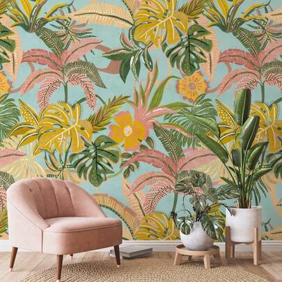 Tropikal Esinti Kendinden Yapışkanlı Duvar Kağıdı, Renkli Yaz Suluboya Egzotik Yaprak Desenli Duvar Kağıdı, Mobilya Yenileme ve Ev Dekorasyonu İçin Uygundur