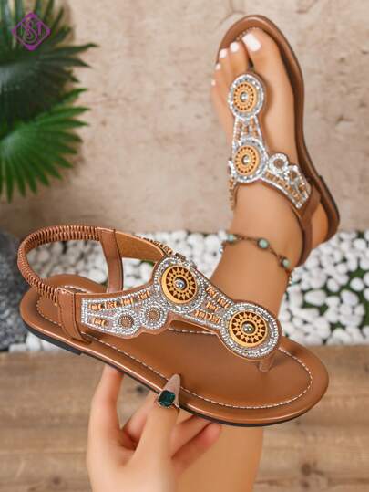 Dép xỏ ngón đế bằng cho nữ, kiểu dáng bohemian thời trang, họa tiết dây chéo cổ điển, dép thường ngày nhẹ nhàng, thoải mái, thích hợp cho hoạt động ngoài trời.