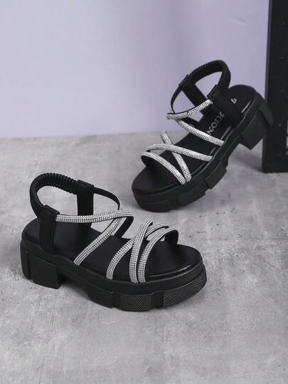 1 Pair Children's Summer High Heel Sandals, Silver Rhinestone Criss-Cross Strap, Elastic Slip-On Thick-Soled Sandals, Minimalist Solid Color Versatile Casual Sandals, Suitable For Outfits And Strolling