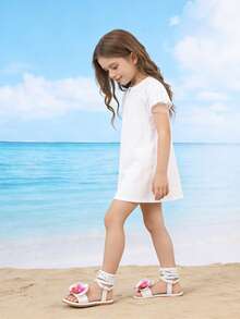 女童平底凉鞋，编织踝带，饰以花朵和珍珠点缀 - 夏季沙滩鞋 - 白色 - 查看 3