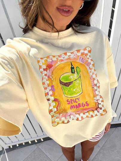 Spicy Margs Graphic T-Shirt, Women's Casual Round Neck Short Sleeve Tee, Summer Vacation Beach Outfit