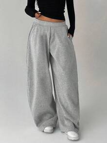 1 pieza Pantalones rectos de cintura elástica holgados de moda casual para niña y niñas, versátiles, nuevos lanzamientos para primavera/otoño - Gris Claro - Ver 9