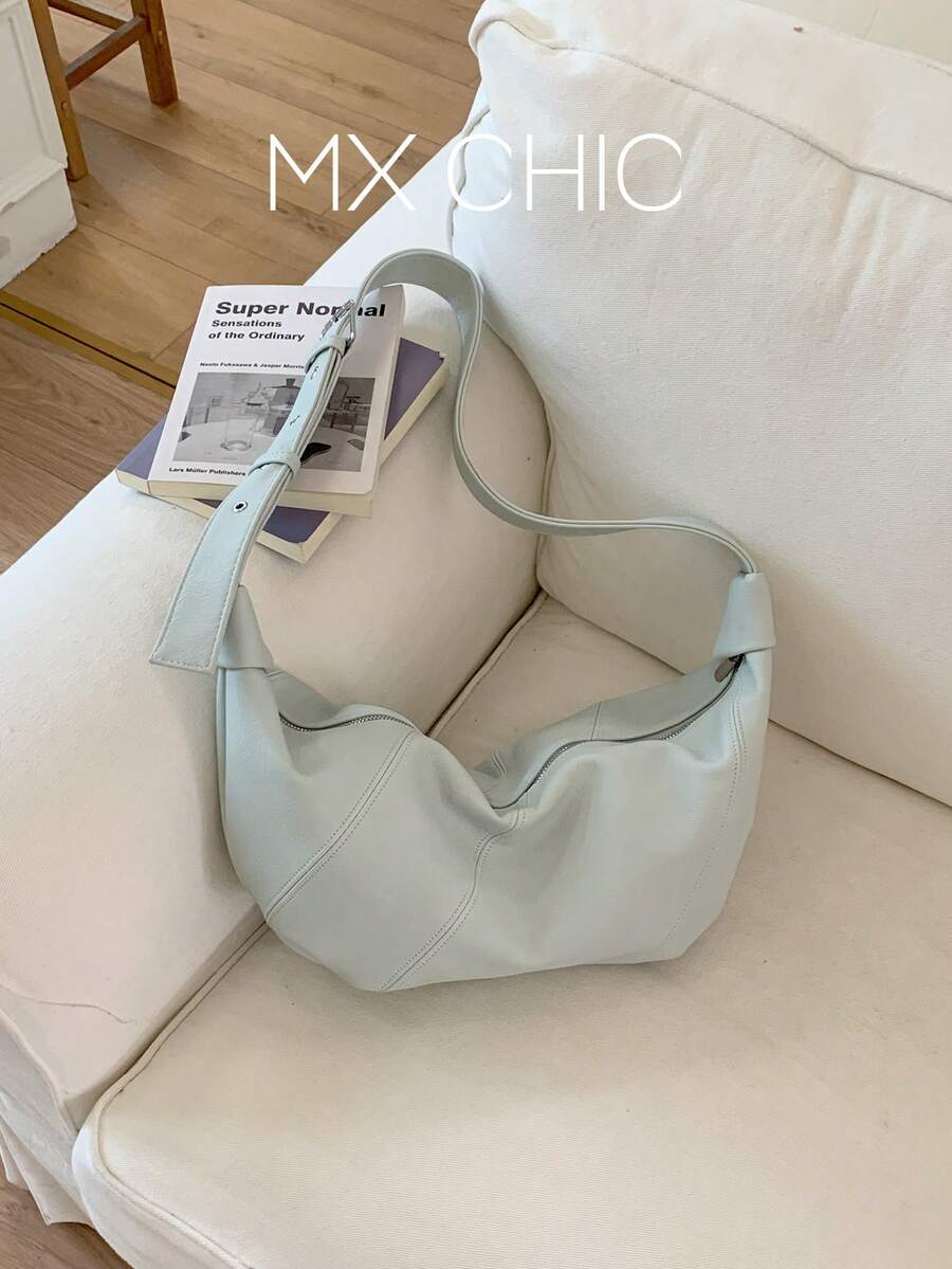 1pc Solid Color PU Crescent Shoulder Bag, Large Capacity, Fashionable For Adult Women, Suitable For Outings And Shopping - Blue - View 1