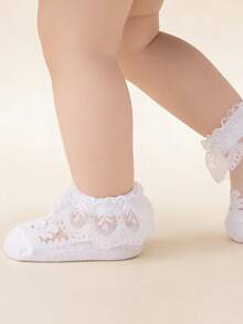 3 Pairs Toddler Lightweight Breathable Lace Crystal Silk Short Socks, Summer - White - View 4