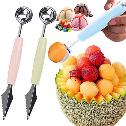 1pc Stainless Steel Double Headed Fruit Carving Spoon Green/Pink/Blue Creative Watermelon Melon Ball Digger Multi Functional Kitchen Tool Ice Cream Scoop DIY Salads Desserts Ripple Decoration