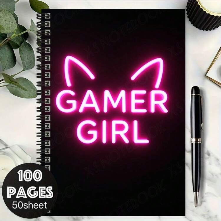 1pc Super Cool Neon Pink Cat Ear Pattern Spiral Notebook With "GAMER GIRL" Print, Showcasing Personalized. 100 Pages (50 Sheets), Helpful For Work, Study, School Notes, Daily Planning And Diary Writing. Ideal For Graduation, Birthday Gifts, And Stationery Needs. - 6 - View 7