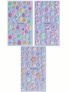 5D芙蓉花浮雕美甲贴纸 3片装，色彩鲜艳，百合雏菊热带花瓣，春夏花卉印花设计，DIY Y2K复古时尚凝胶指甲油自粘沙龙贴纸滑动设计美甲装饰 - 彩色 - 查看 3