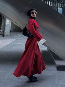 1pc Ruffle Cuff Knit Dress, Suitable For Daily Gatherings, Dates, Commuting, Autumn/Winter Spring - Red - View 4