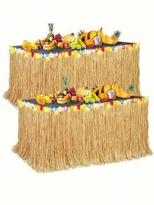 1 pièce Jupe de table en herbe hawaïenne jaune paille, jupe de table en herbe hawaïenne naturelle avec décoration de fête tropicale de fleurs d'hibiscus, jupe de table hawaïenne pour décoration de fête de jupe d'herbe tropicale, fête des mères, remise des diplômes - A - Voir 3