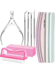 12pcs Manicure Tool Kit: 100/180 Grit Nail File, Buffing Block, Cuticle Nipper, Cuticle Pusher, Cleaning Brush, Professional Pink Nail Care Set, Manicure Tools, Wedding Season, Back To School Season - Multicolor - View 8